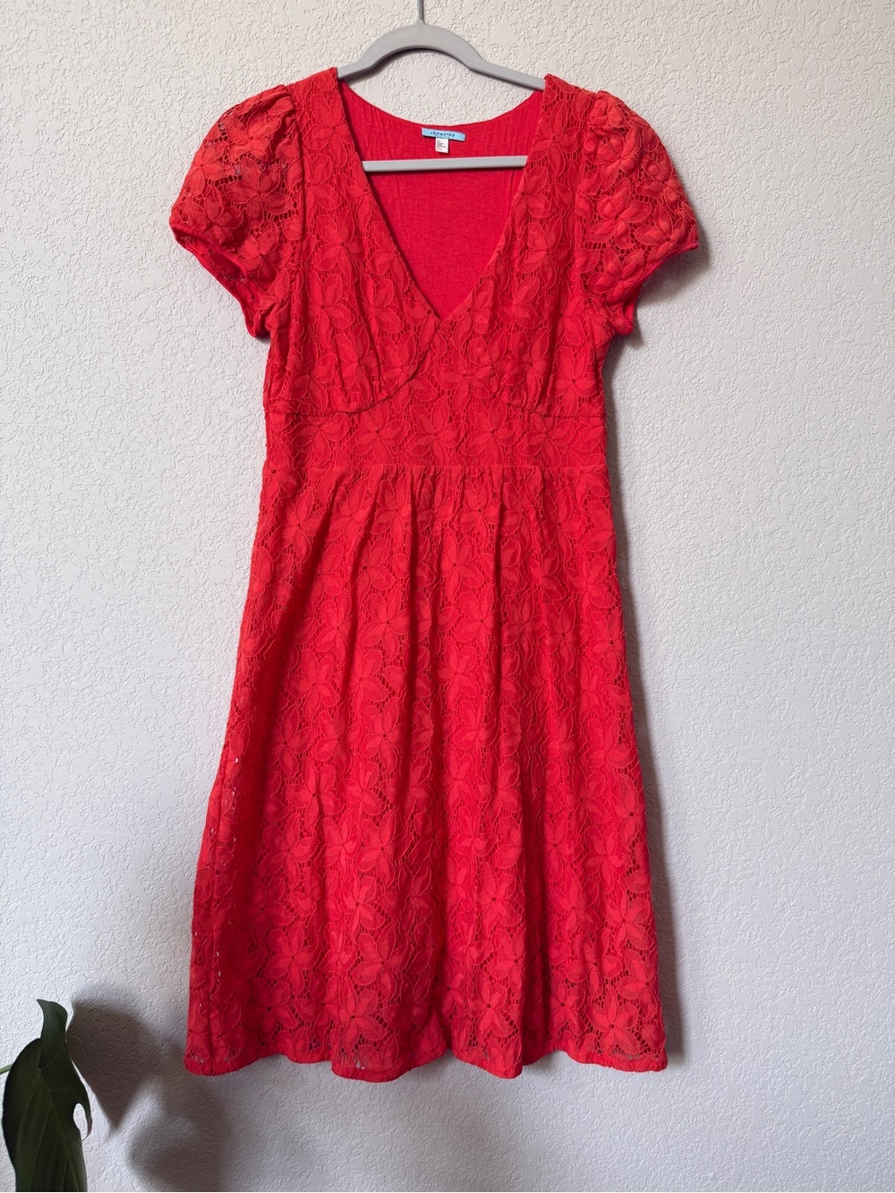 Anthropologie coral orange-red Lace V-Neck A-Line Dress